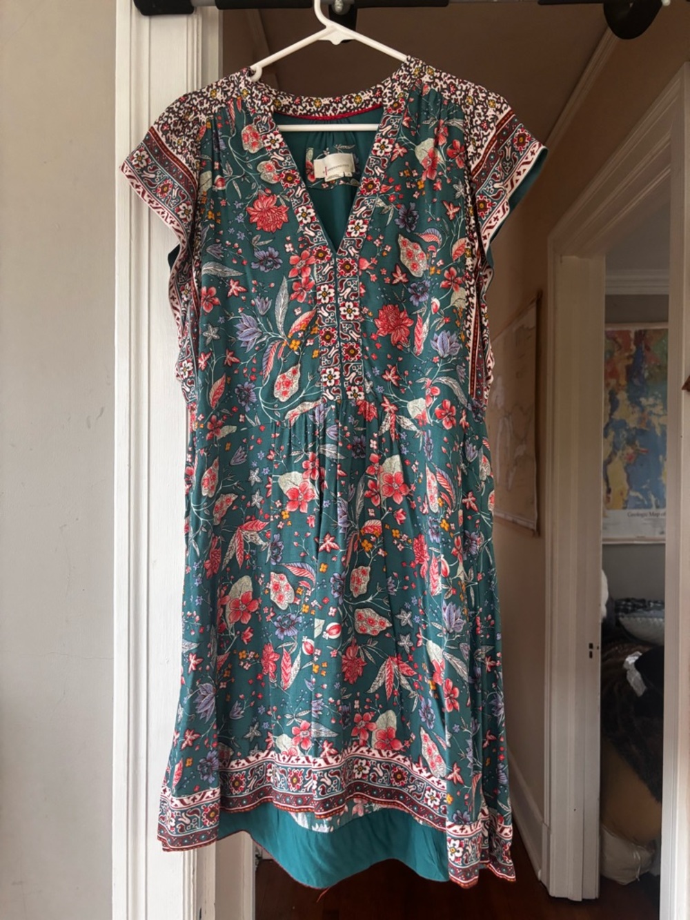 Anthropologie Teal Floral Short-Sleeve V-Neck Mini Dress